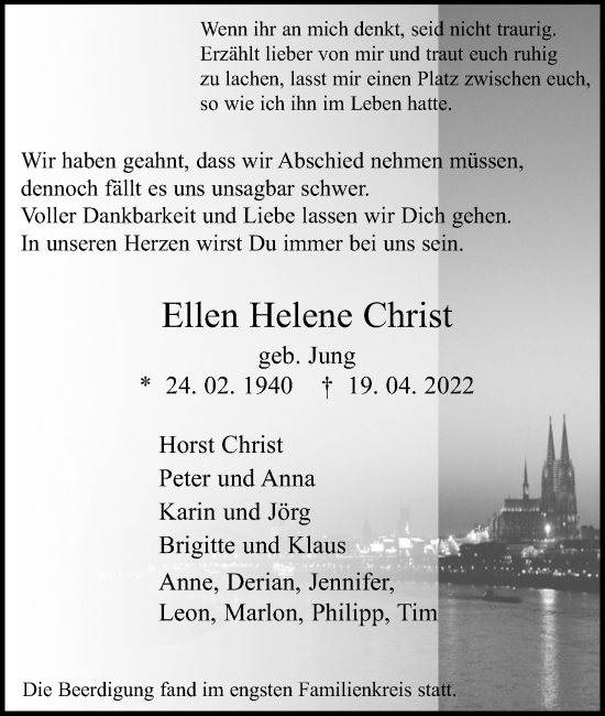 Anzeige von Ellen Helene Christ von Kölner Stadt-Anzeiger / Kölnische Rundschau / Express
