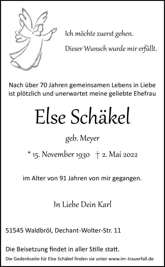 Anzeige von Else Schäkel von Kölner Stadt-Anzeiger / Kölnische Rundschau / Express