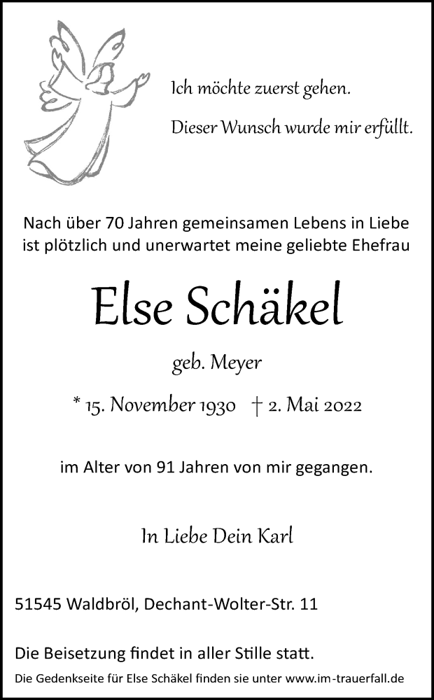  Traueranzeige für Else Schäkel vom 07.05.2022 aus Kölner Stadt-Anzeiger / Kölnische Rundschau / Express