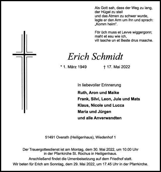 Anzeige von Erich Schmidt von Kölner Stadt-Anzeiger / Kölnische Rundschau / Express