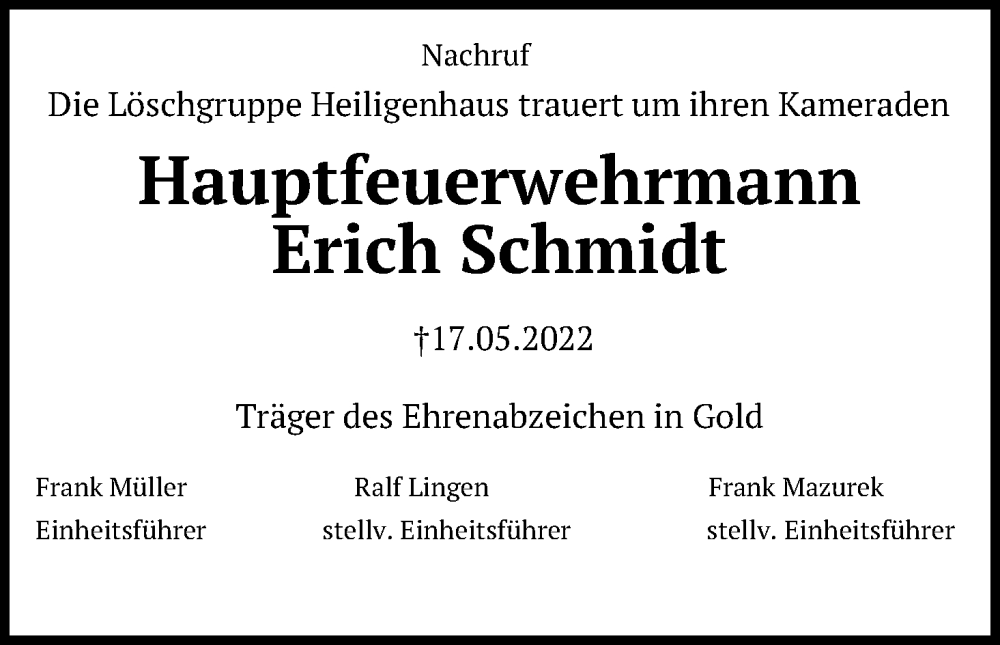  Traueranzeige für Erich Schmidt vom 26.05.2022 aus Kölner Stadt-Anzeiger / Kölnische Rundschau / Express