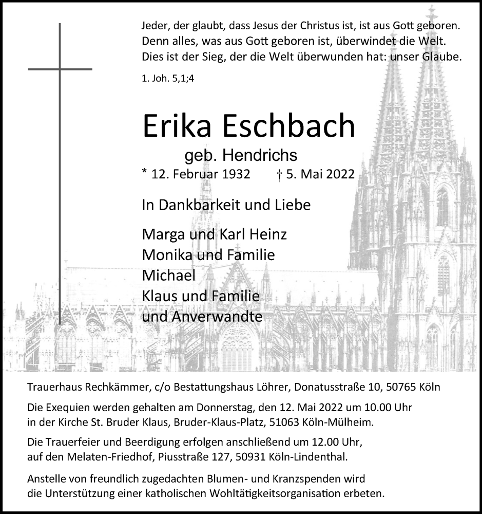  Traueranzeige für Erika Eschbach vom 07.05.2022 aus Kölner Stadt-Anzeiger / Kölnische Rundschau / Express