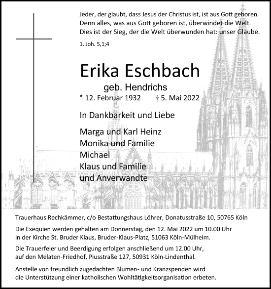 Anzeige von Erika Eschbach von Kölner Stadt-Anzeiger / Kölnische Rundschau / Express