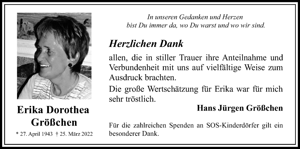  Traueranzeige für Erika Dorothea Größchen vom 07.05.2022 aus Kölner Stadt-Anzeiger / Kölnische Rundschau / Express