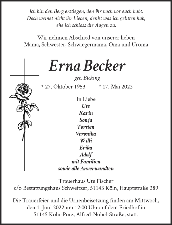 Anzeige von Erna Becker von  EXPRESS - Die Woche 