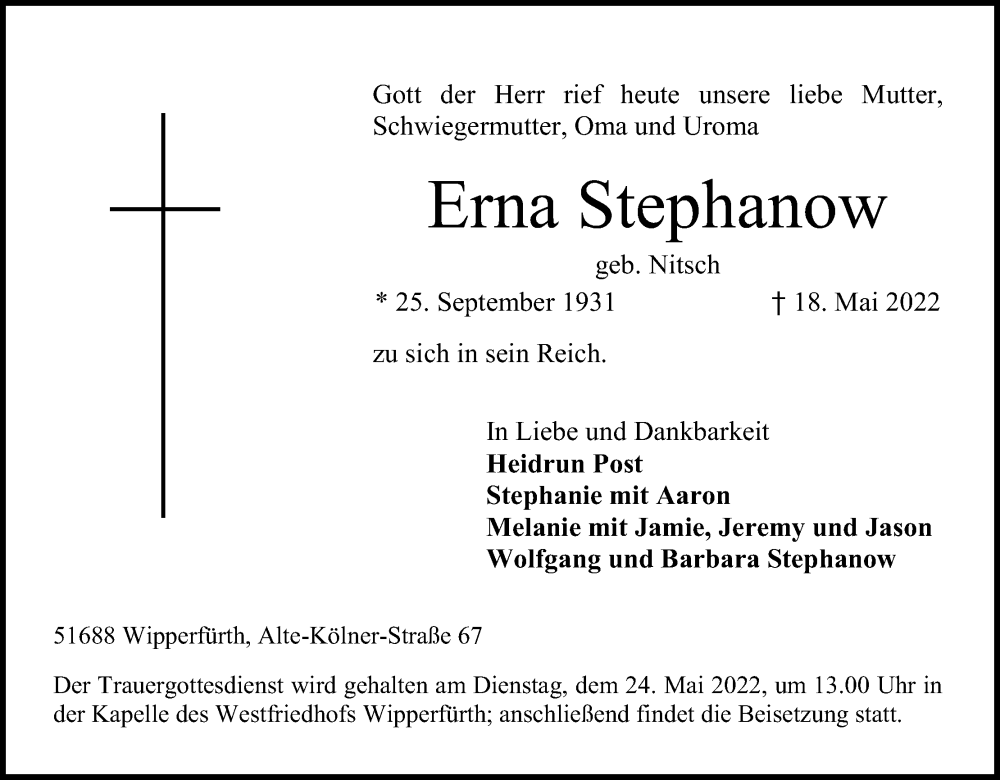  Traueranzeige für Erna Stephanow vom 21.05.2022 aus Kölner Stadt-Anzeiger / Kölnische Rundschau / Express