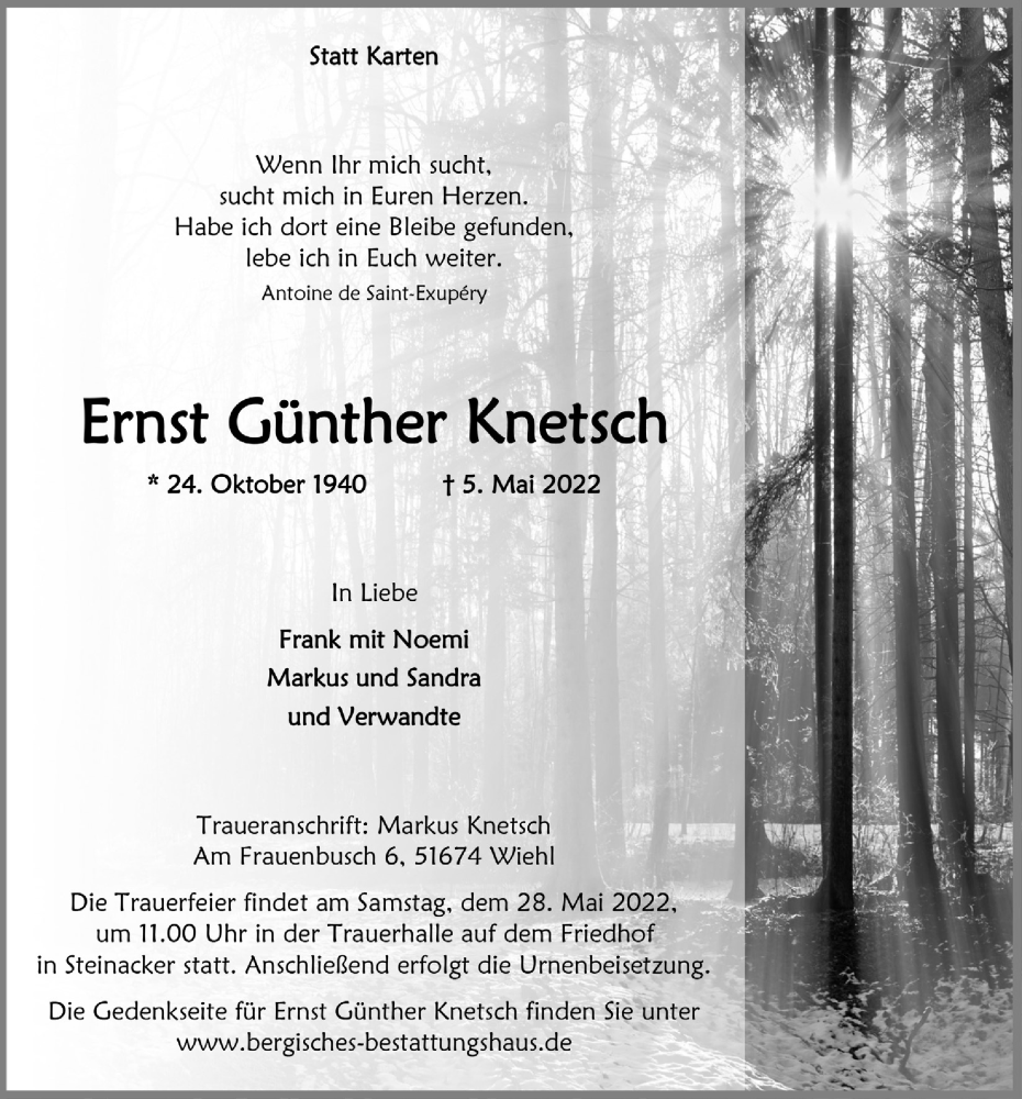  Traueranzeige für Ernst Günther Knetsch vom 20.05.2022 aus  Anzeigen Echo 