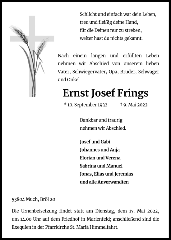 Anzeige von Ernst Josef Frings von Kölner Stadt-Anzeiger / Kölnische Rundschau / Express