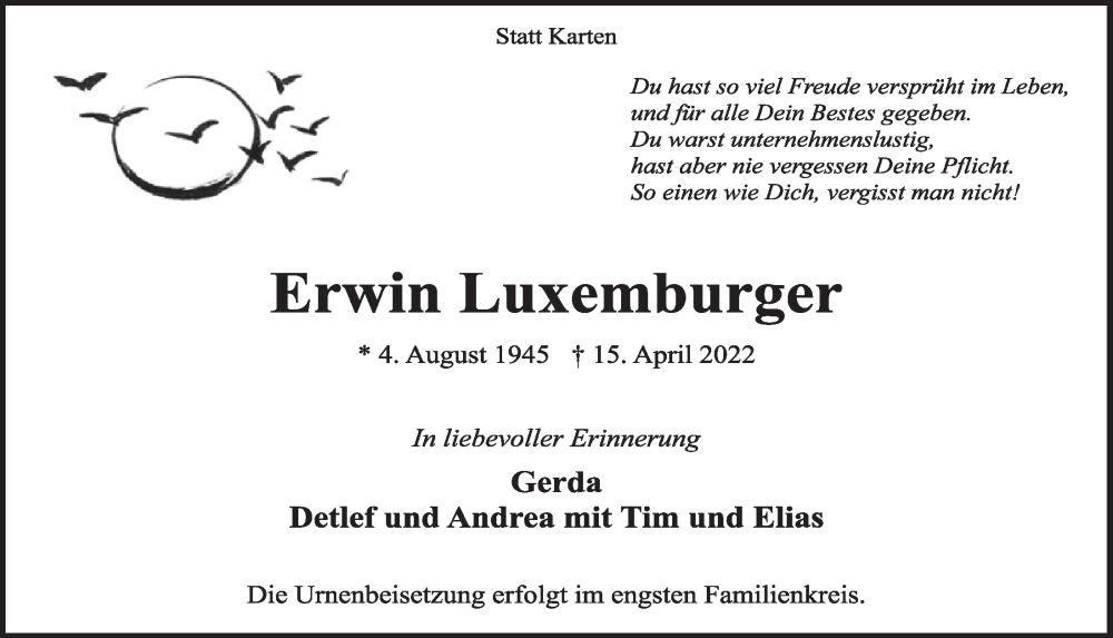  Traueranzeige für Erwin Luxemburger vom 06.05.2022 aus  Werbepost 