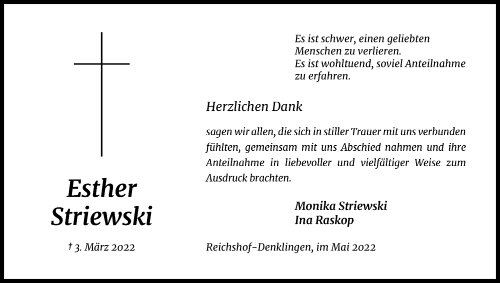  Traueranzeige für Esther Striewski vom 07.05.2022 aus Kölner Stadt-Anzeiger / Kölnische Rundschau / Express