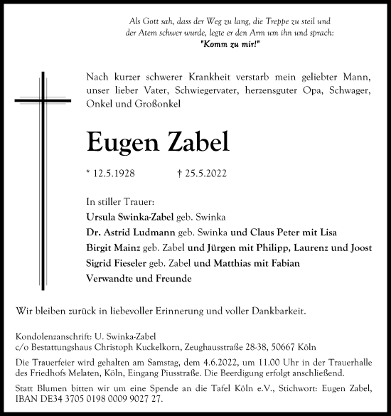 Anzeige von Eugen Zabel von Kölner Stadt-Anzeiger / Kölnische Rundschau / Express