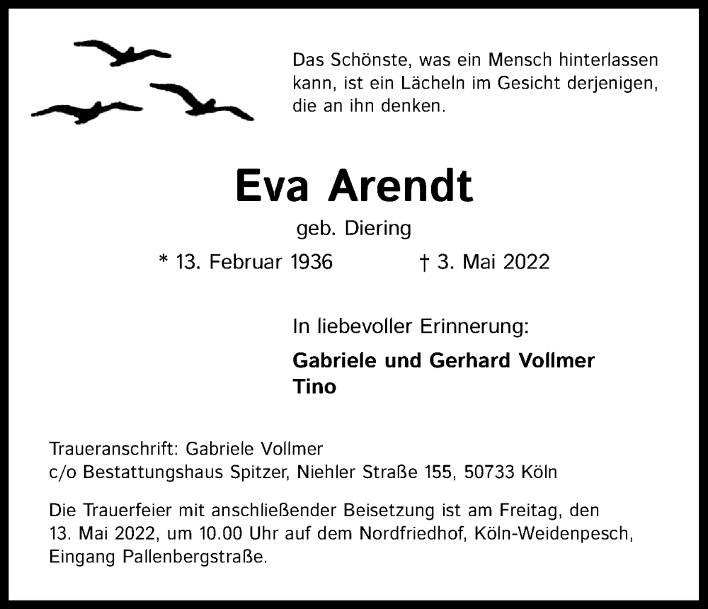  Traueranzeige für Eva Arendt vom 07.05.2022 aus Kölner Stadt-Anzeiger / Kölnische Rundschau / Express