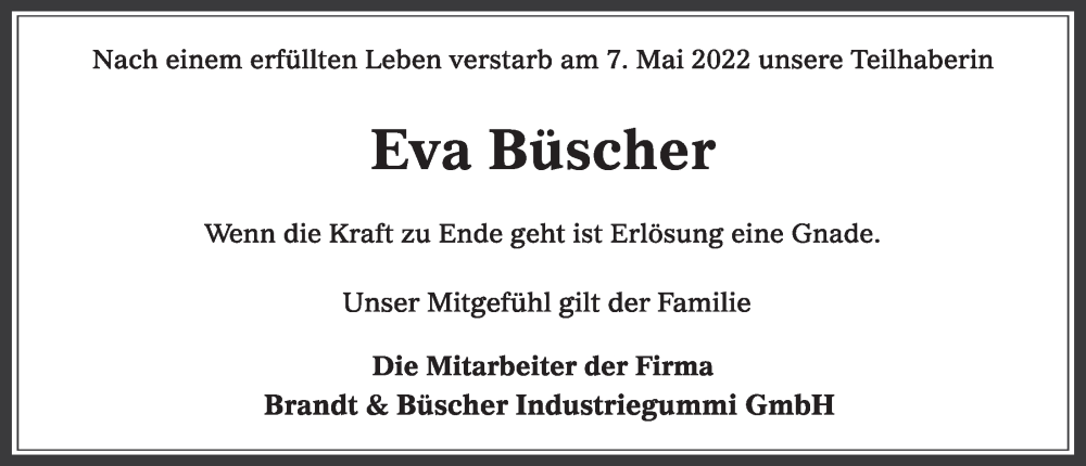  Traueranzeige für Eva Büscher vom 13.05.2022 aus  Werbepost 