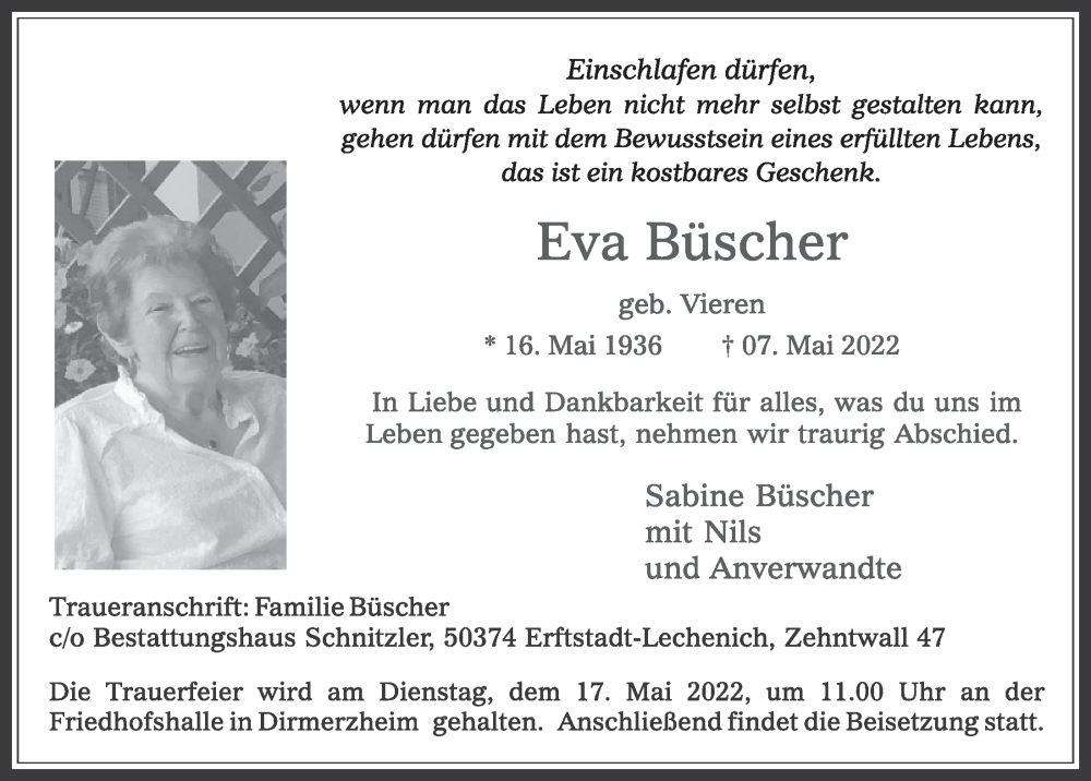  Traueranzeige für Eva Büscher vom 13.05.2022 aus  Werbepost 
