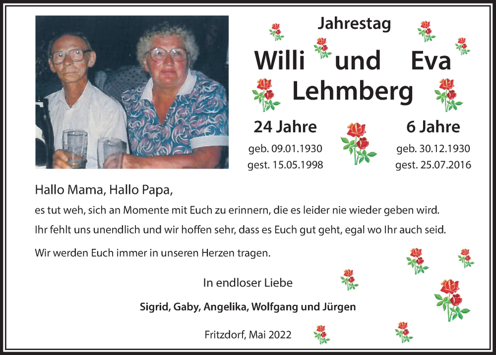  Traueranzeige für Eva Lehmberg vom 13.05.2022 aus  Schaufenster/Blickpunkt 