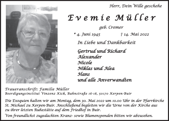 Anzeige von Evemie Müller von  Werbepost 