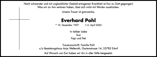 Anzeige von Everhard Pohl von Kölner Stadt-Anzeiger / Kölnische Rundschau / Express