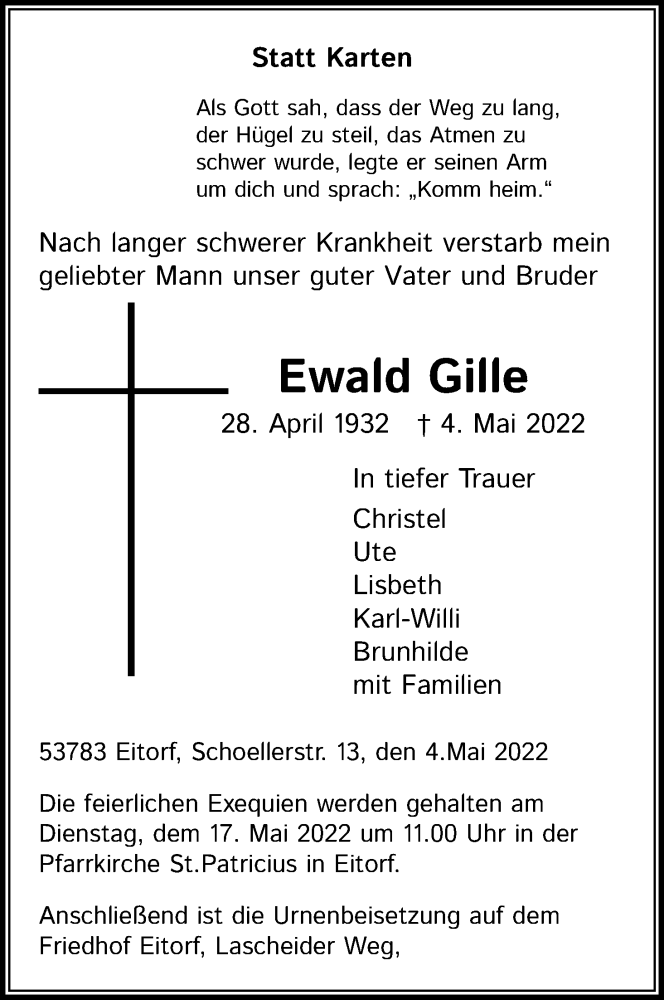  Traueranzeige für Ewald Gille vom 14.05.2022 aus Kölner Stadt-Anzeiger / Kölnische Rundschau / Express