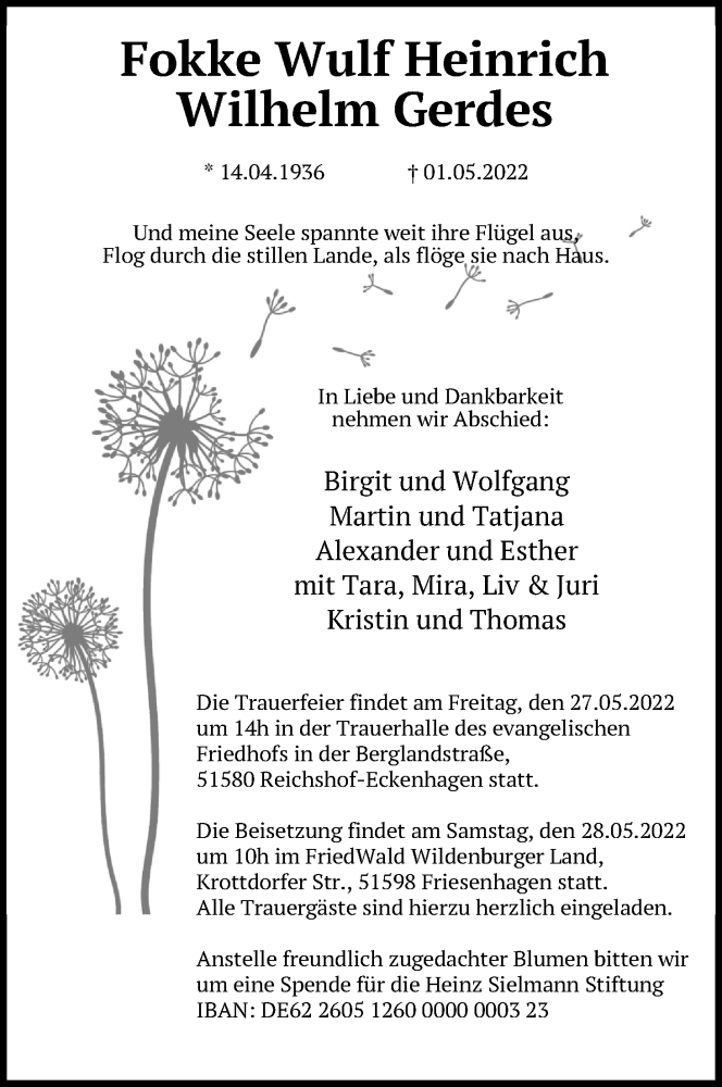  Traueranzeige für Fokke Wulf Heinrich Wilhelm Gerdes vom 14.05.2022 aus Kölner Stadt-Anzeiger / Kölnische Rundschau / Express