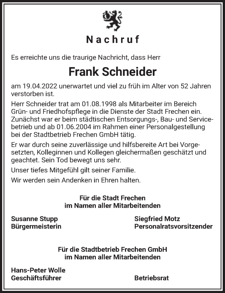  Traueranzeige für Frank Schneider vom 20.05.2022 aus  Wochenende 