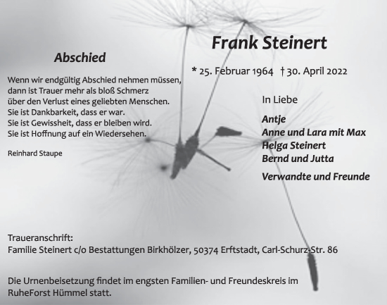 Anzeige von Frank Steinert von  Werbepost 