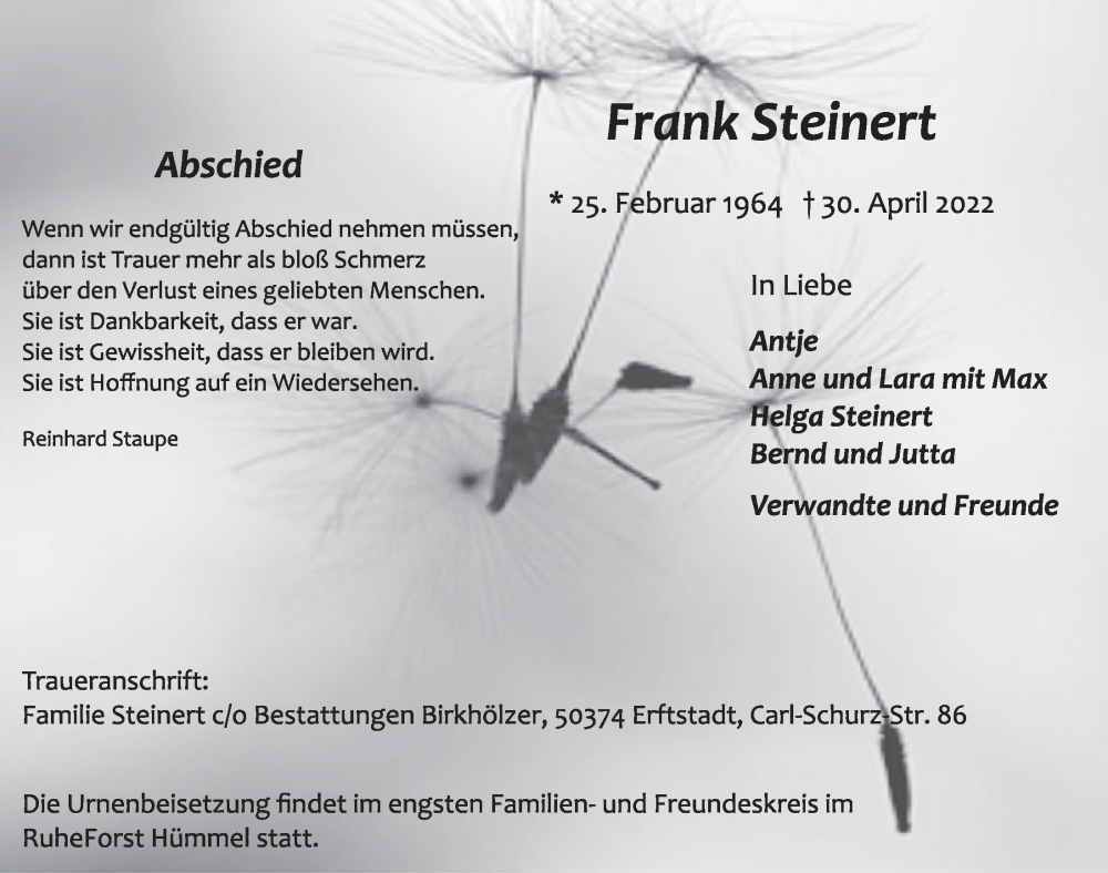  Traueranzeige für Frank Steinert vom 13.05.2022 aus  Werbepost 