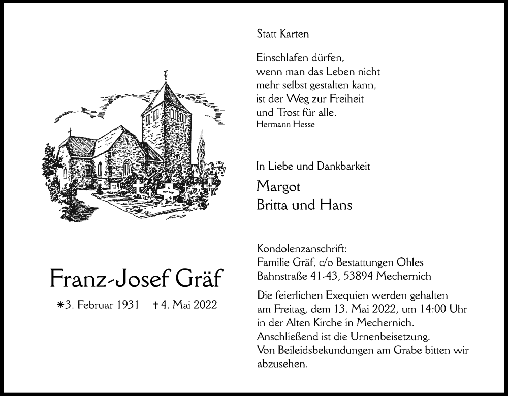  Traueranzeige für Franz-Josef Gräf vom 10.05.2022 aus Kölner Stadt-Anzeiger / Kölnische Rundschau / Express
