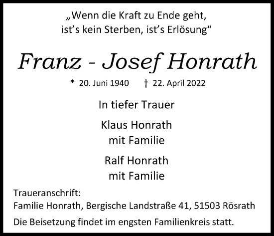 Anzeige von Franz-Josef Honrath von Kölner Stadt-Anzeiger / Kölnische Rundschau / Express