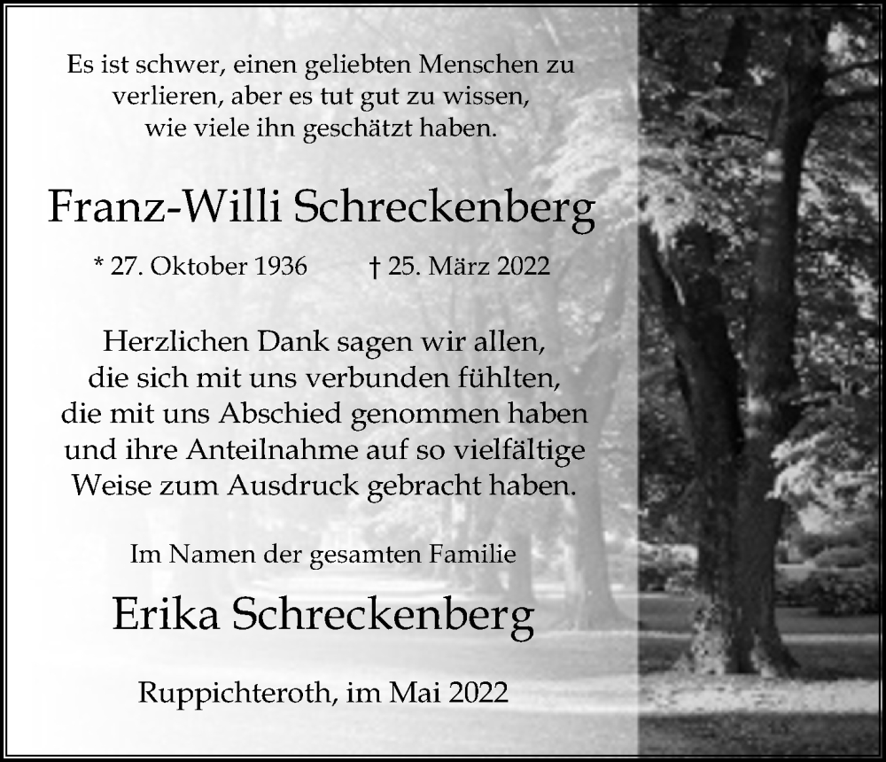  Traueranzeige für Franz-Willi Schreckenberg vom 28.05.2022 aus Kölner Stadt-Anzeiger / Kölnische Rundschau / Express