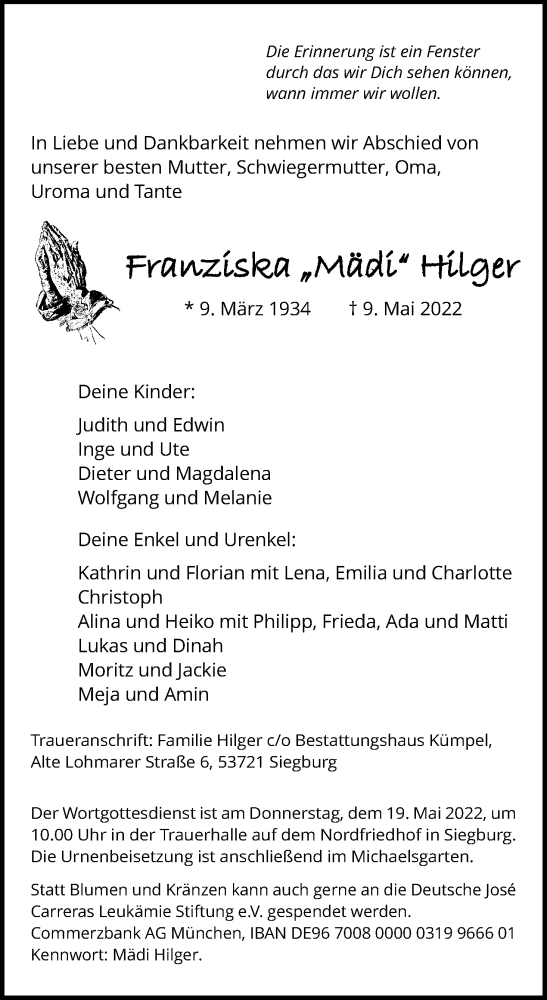  Traueranzeige für Franziska Hilger vom 14.05.2022 aus Kölner Stadt-Anzeiger / Kölnische Rundschau / Express