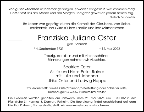 Anzeige von Franziska Juliana Oster von Kölner Stadt-Anzeiger / Kölnische Rundschau / Express