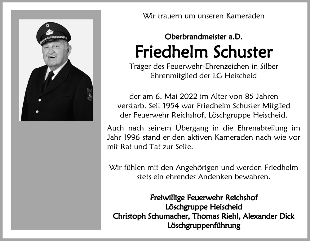  Traueranzeige für Friedhelm Schuster vom 11.05.2022 aus Kölner Stadt-Anzeiger / Kölnische Rundschau / Express