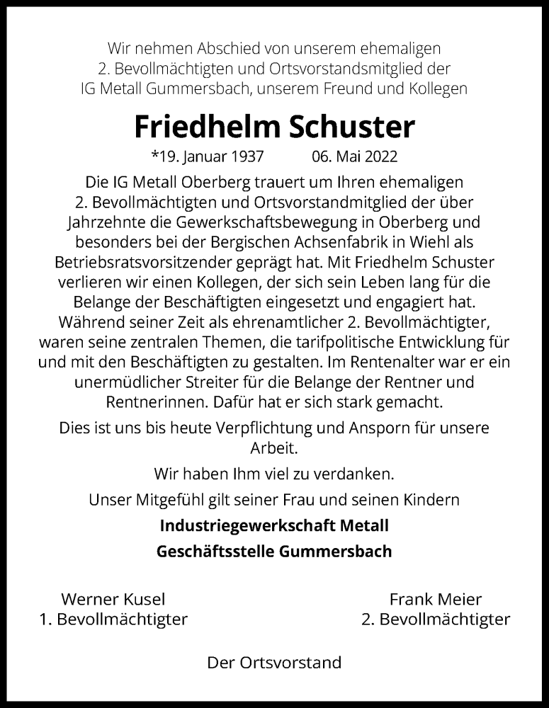  Traueranzeige für Friedhelm Schuster vom 12.05.2022 aus Kölner Stadt-Anzeiger / Kölnische Rundschau / Express