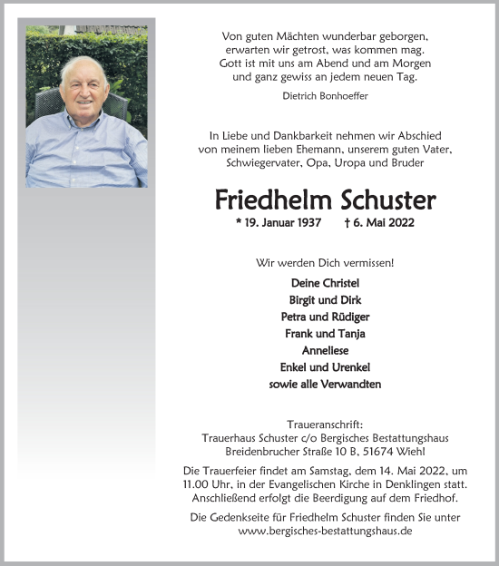 Anzeige von Friedhelm Schuster von Kölner Stadt-Anzeiger / Kölnische Rundschau / Express