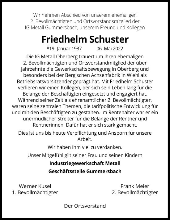 Anzeige von Friedhelm Schuster von Kölner Stadt-Anzeiger / Kölnische Rundschau / Express