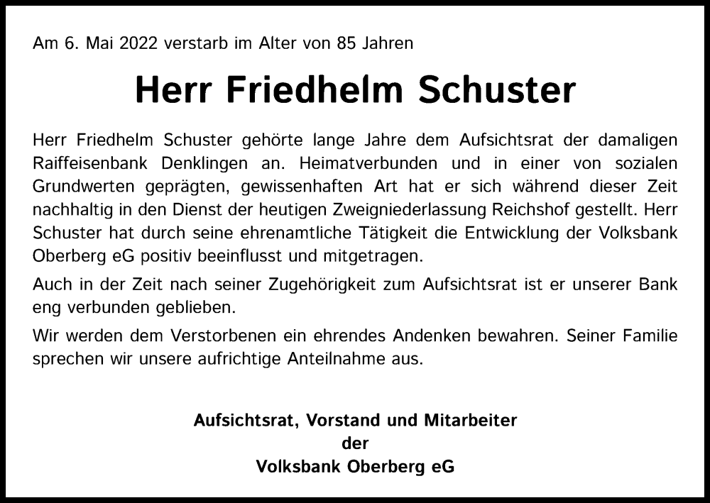  Traueranzeige für Friedhelm Schuster vom 13.05.2022 aus Kölner Stadt-Anzeiger / Kölnische Rundschau / Express