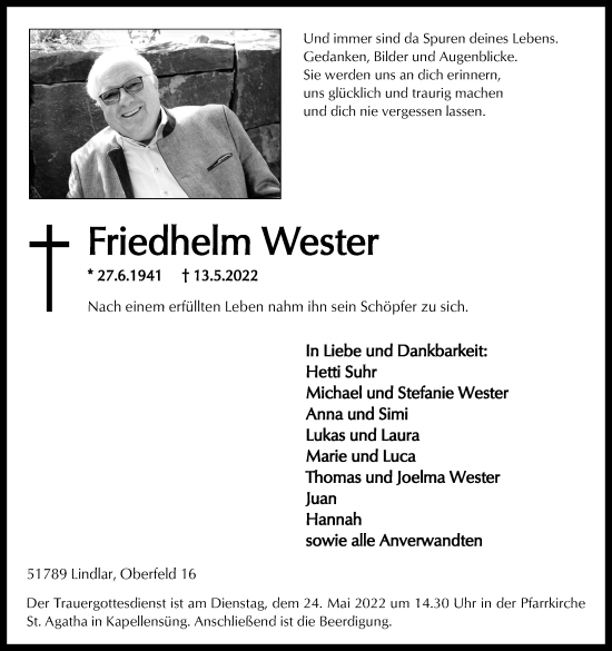 Anzeige von Friedhelm Wester von Kölner Stadt-Anzeiger / Kölnische Rundschau / Express