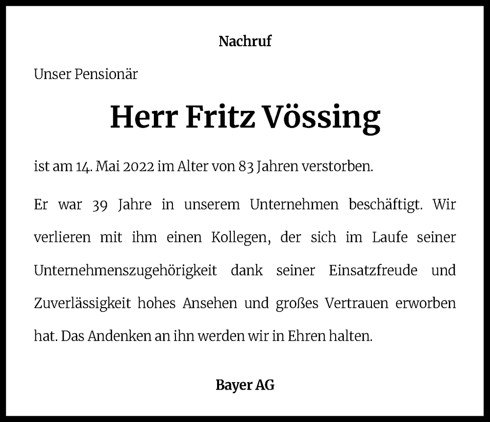  Traueranzeige für Fritz Vössing vom 20.05.2022 aus Kölner Stadt-Anzeiger / Kölnische Rundschau / Express