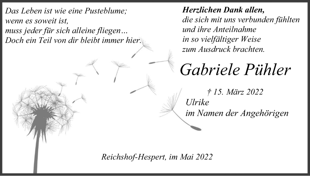  Traueranzeige für Gabriele Pühler vom 11.05.2022 aus Kölner Stadt-Anzeiger / Kölnische Rundschau / Express