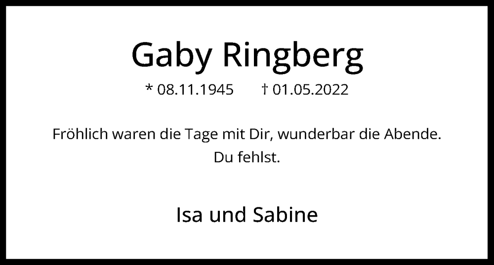  Traueranzeige für Gaby Ringberg vom 07.05.2022 aus Kölner Stadt-Anzeiger / Kölnische Rundschau / Express