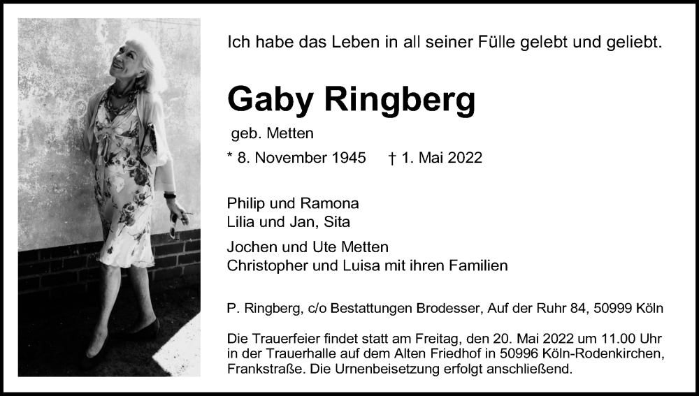  Traueranzeige für Gaby Ringberg vom 07.05.2022 aus Kölner Stadt-Anzeiger / Kölnische Rundschau / Express