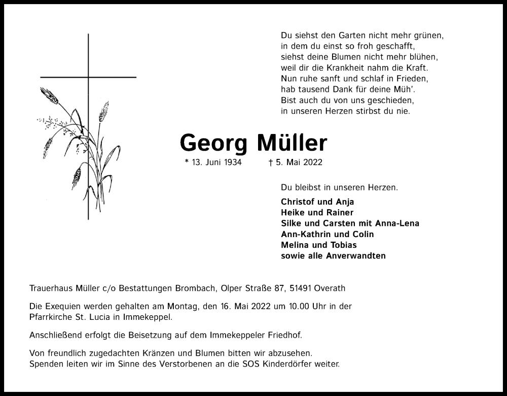  Traueranzeige für Georg Müller vom 11.05.2022 aus Kölner Stadt-Anzeiger / Kölnische Rundschau / Express