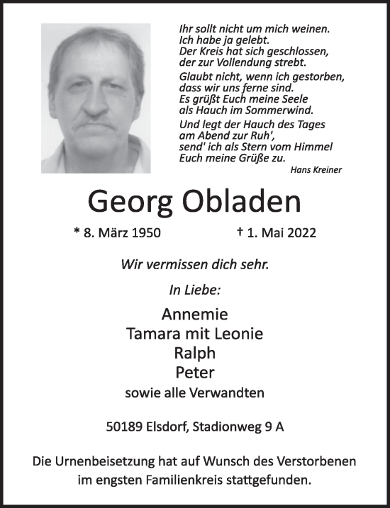 Anzeige von Georg Obladen von  Werbepost 