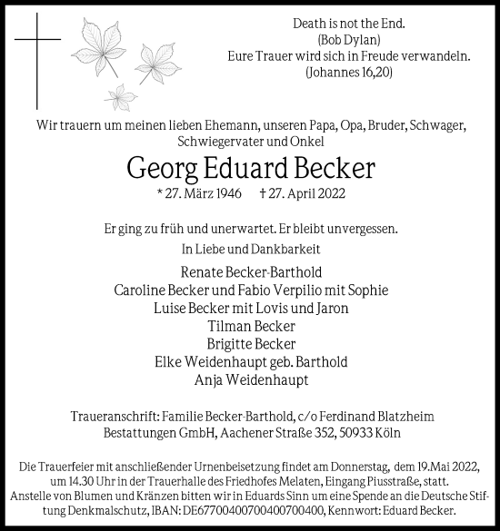 Anzeige von Georg Eduard Becker von Kölner Stadt-Anzeiger / Kölnische Rundschau / Express