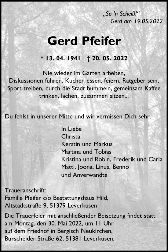 Anzeige von Gerd Pfeifer von Kölner Stadt-Anzeiger / Kölnische Rundschau / Express