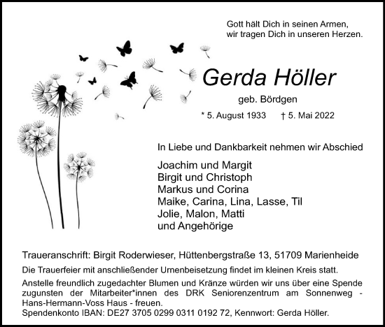 Anzeige von Gerda Höller von Kölner Stadt-Anzeiger / Kölnische Rundschau / Express
