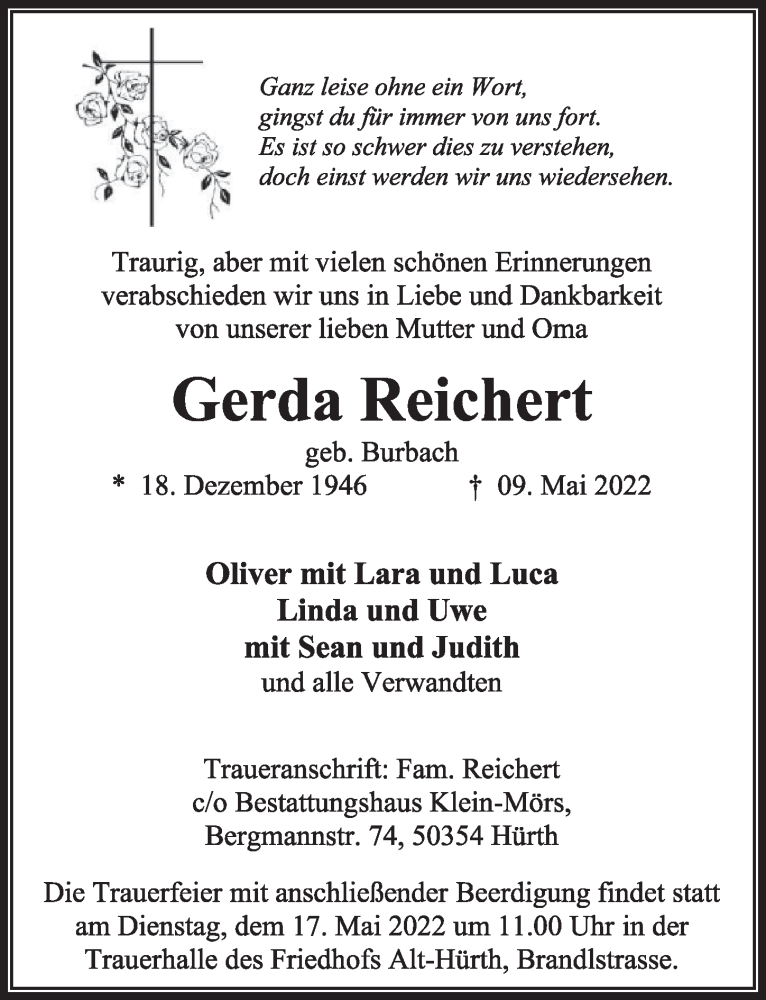  Traueranzeige für Gerda Reichert vom 13.05.2022 aus  Wochenende 