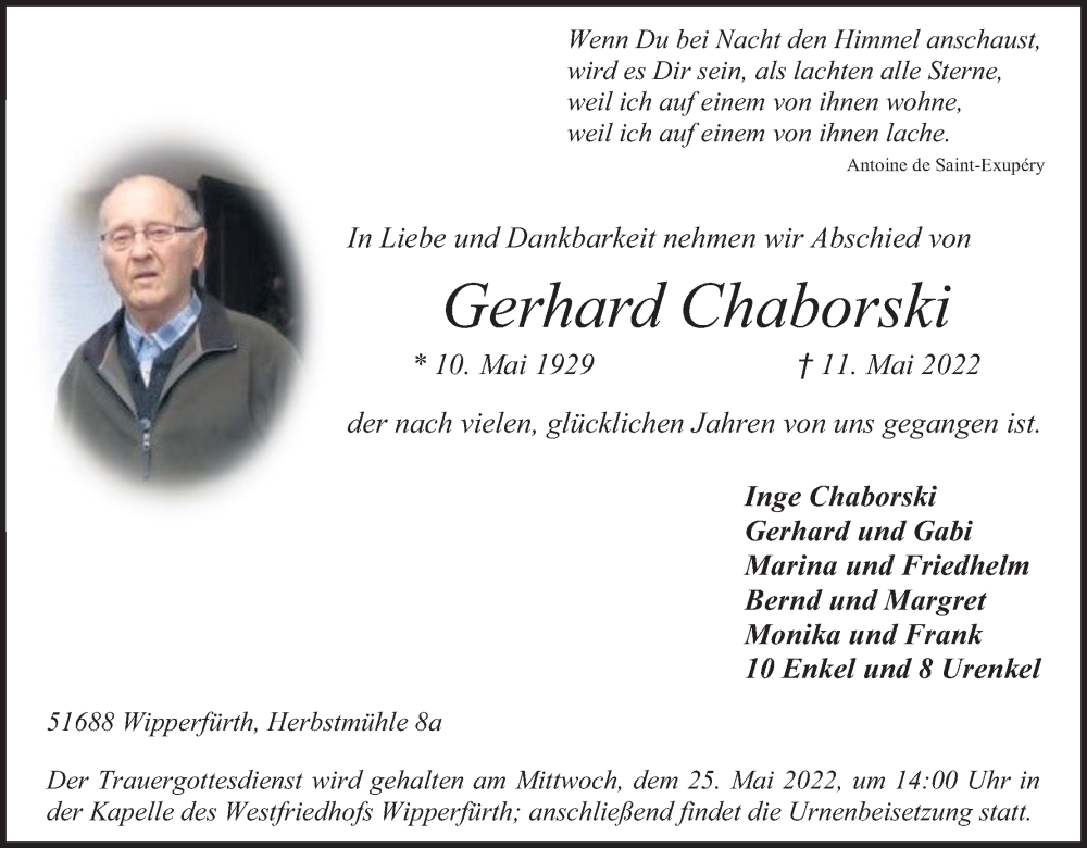  Traueranzeige für Gerhard Chaborski vom 14.05.2022 aus Kölner Stadt-Anzeiger / Kölnische Rundschau / Express