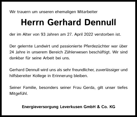 Anzeige von Gerhard Dennull von Kölner Stadt-Anzeiger / Kölnische Rundschau / Express