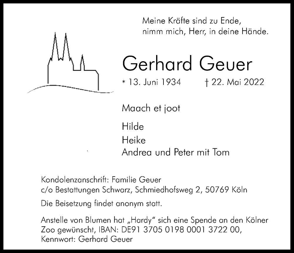  Traueranzeige für Gerhard Geuer vom 28.05.2022 aus Kölner Stadt-Anzeiger / Kölnische Rundschau / Express